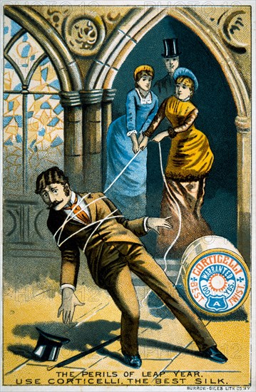 Two Women Who Capture a Man with Silk Thread, Corticelli Silk Thread, Trade Card circa 1900