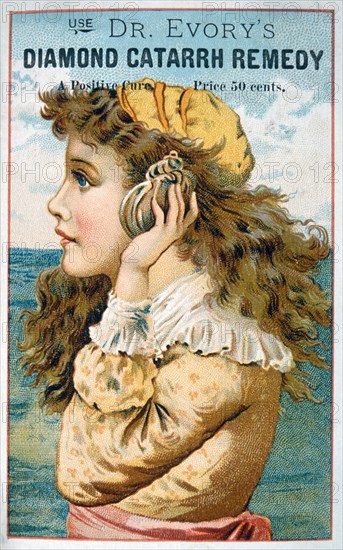 Woman Holding Seashell to Ear, Dr. Evory's Diamond Catarrh Remedy, Trade Card, circa 1900