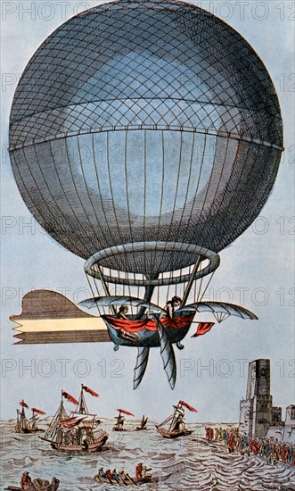 Blanchard and Jeffries Crossing the English Channel by Balloon, Illustration, 1785
