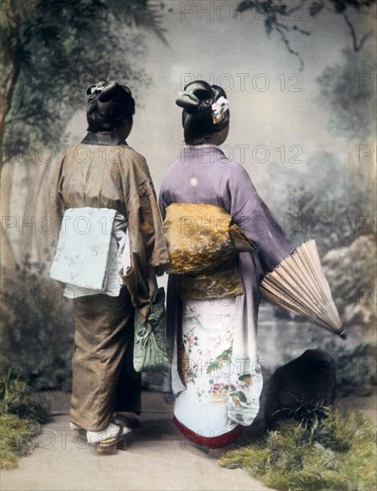 Japanese Lady Walking With Her Maid, Hand Colored Albumen Photograph, circa 1860