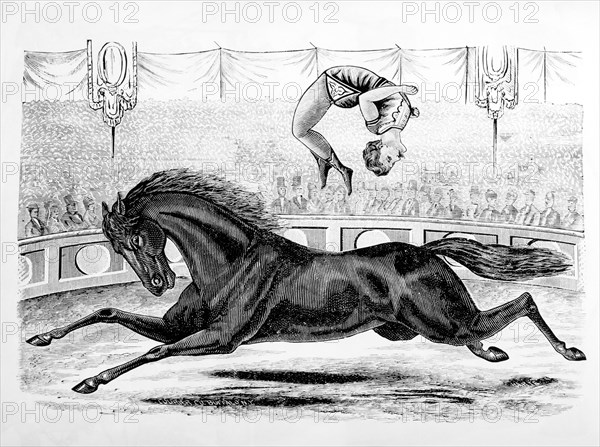 Bareback Horse Rider at Circus, 19th Century Engraving