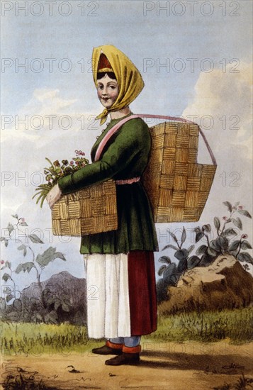 Mushroom Gatherer, Hand-Colored Engraving from Robert Pinkerton's Russia, circa 1833