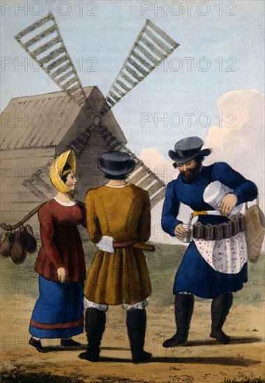 Izbitenchik a Carpenter and a Milkmaid, Hand-Colored Engraving From Robert Pinkerton's Russia, circa 1833