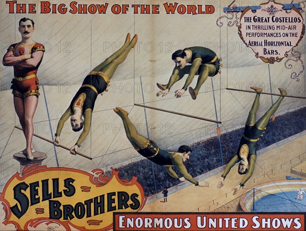 Sells Brothers Enormous United Shows Poster, The Great Costellos in Thrilling Mid-Air Performances on the Aerial Horizontal Bars