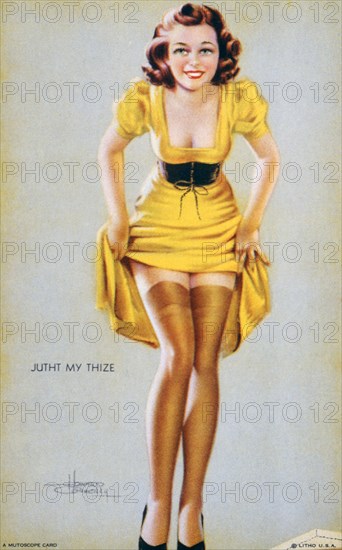 Woman Lifts Skirt to Show Nylon Stockings, "Just My Thize", Mutoscope Card, 1940's