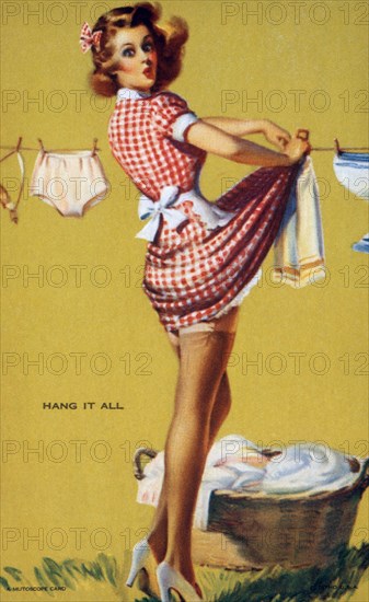 Woman Hanging Clothes on the Line, "Hang it All", Mutoscope Card, 1940's