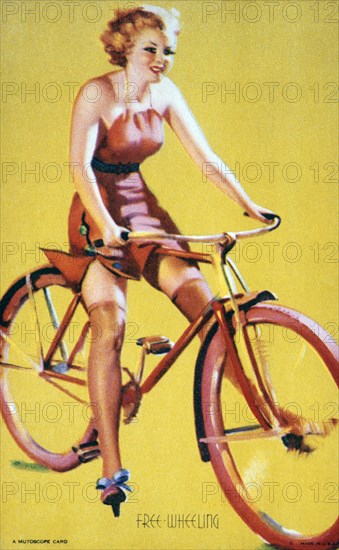 Woman Riding Bicycle, "Free Wheeling", Mutoscope Card, 1940's