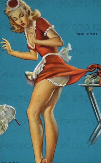 Lobster Claw Lifting Sexy Woman's Skirt, "Fresh Lobster", Mutoscope Card, 1940's