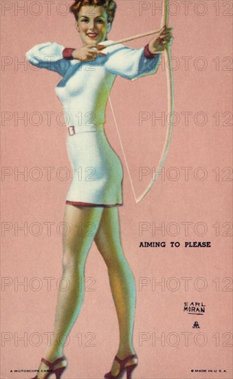 Woman Shooting Arrow from Bow, "Aiming to Please", Mutoscope Card, 1940's