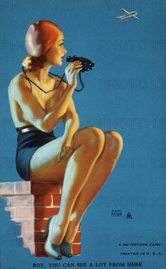 Woman Seated on Top of Brick Wall Holding Binoculars, "Boy, You Can See a Lot from Here", Mutoscope Card, 1940's