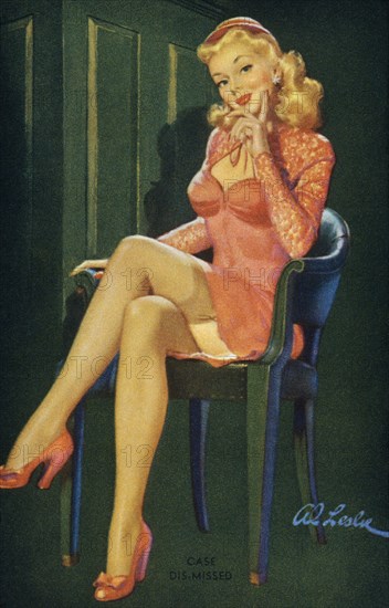 Sexy Woman Seated in Chair, "Case Dismissed", Mutoscope Card, 1940's