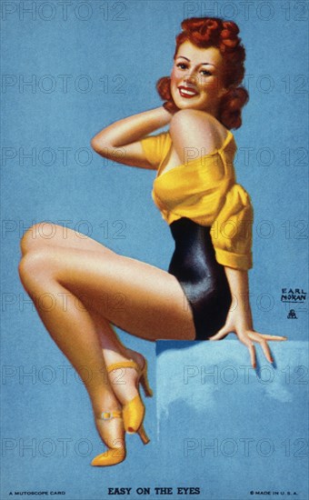 Sexy Red Haired Woman, "Easy on the Eyes", Mutoscope Card, 1940's