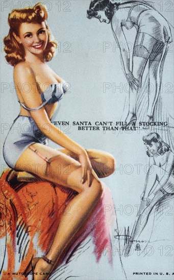 Sexy Woman Wearing Lingerie and Nylon Stockings, "Even Santa Can't Fill a Stocking Better than That", Mutoscope Card, 1940's