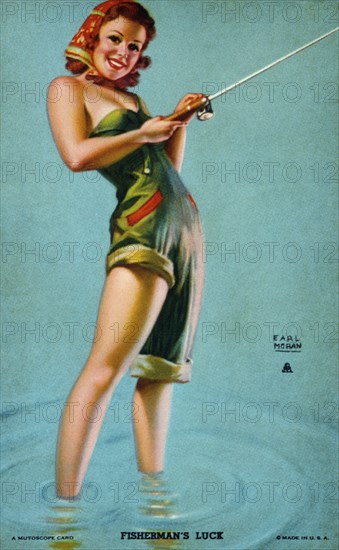 Woman Fishing, "Fisherman's Luck", Mutoscope Card, 1940's