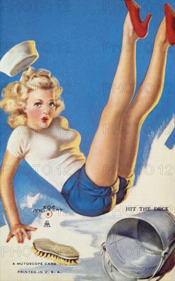 Woman Dressed as Sailor Slipping on Wet Floor, "Hit the Deck", Mutoscope Card, 1940's