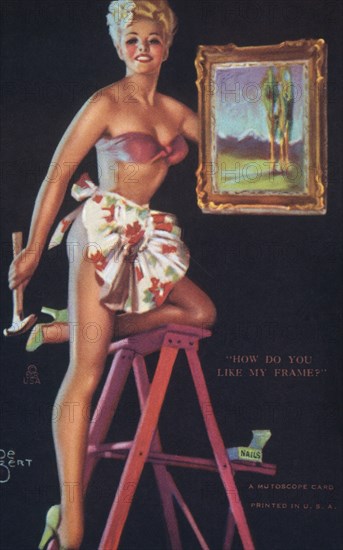 Sexy Woman Hanging Framed Painting on Wall, "How Do You Like My Frame?", Mutoscope Card, 1940's