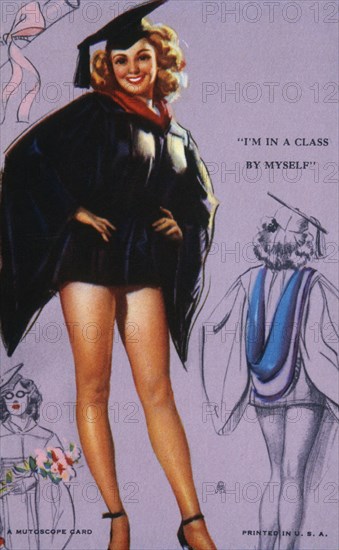 Woman Wearing Sexy Graduation Cap and Gown, "I'm in a Class by Myself", Mutoscope Card, 1940's
