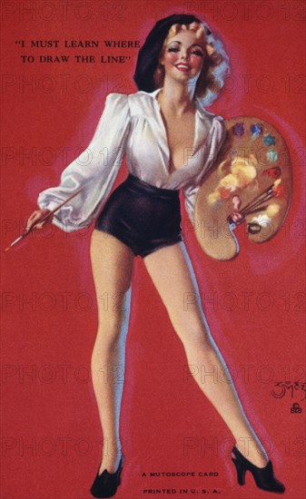 Sexy Woman Holding Artist Palette, "I Must Learn Where to Draw the Line", Mutoscope Card, 1940's