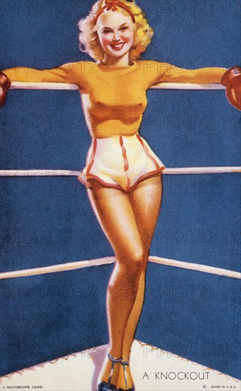 Woman Standing in Boxing Ring, "A Knockout", Mutoscope Card, 1940's