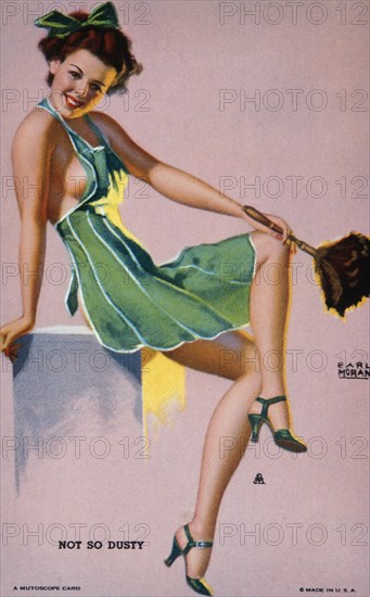 Woman Wearing Apron and Holding Duster, "Not so Dusty", Mutoscope Card, 1940's