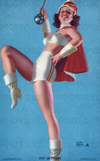 Woman Wearing Drum Major Costume, "Out in Front", Mutoscope Card, 1940's