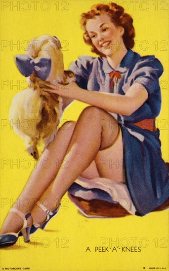 Woman Holding Dog, "A Peek-a-Knees", Mutoscope Card, 1940's