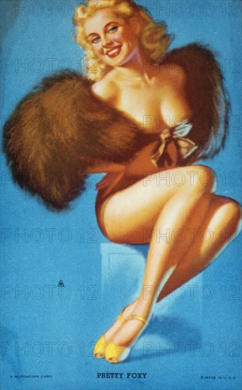 Woman Wearing Fur Cape, "Pretty Foxy", Mutoscope Card, 1940's