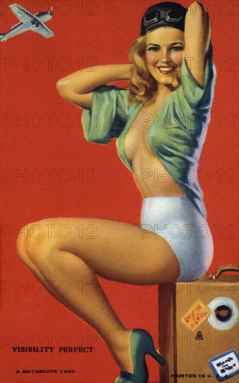 Woman Seated on Suitcase, "Visibility Perfect", Mutoscope Card, 1940's