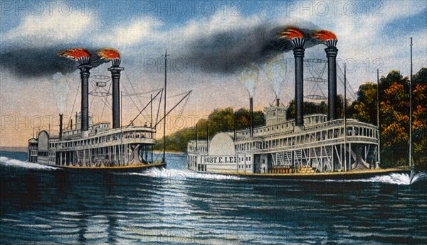 Race Between Mississippi River Steamships Natchez and Robert E. Lee, June 1870, Lithograph