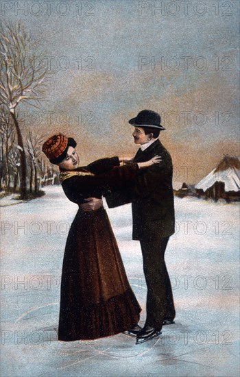 Couple Ice Skating, Lithograph, circa 1907