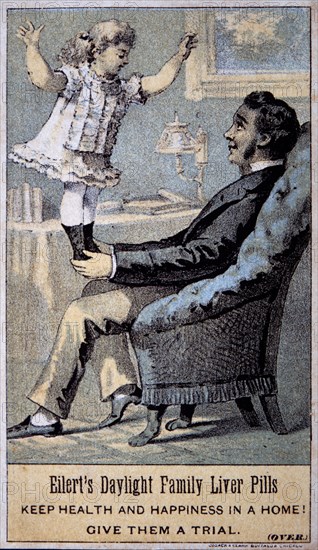 Father Seated in Chair with Daughter, Eilert's Daylight Family Liver Pills, Trade Card, circa 1900