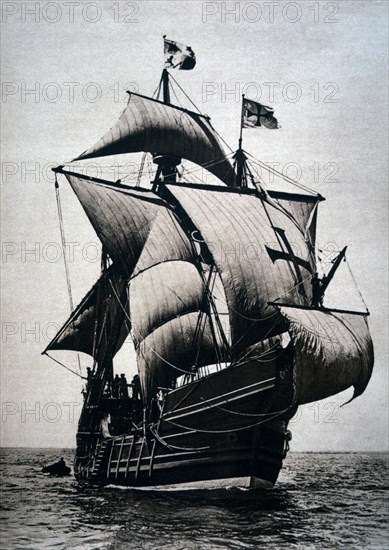 Replica of Columbus Flagship, Santa Maria, for Columbian Exhibition, Chicago, Illinois, USA, Stereo Photograph, circa 1892