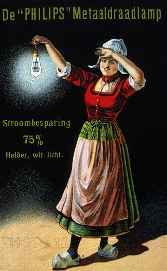 Woman Holding Illuminated Light Bulb, Dutch Ad for Philips Electric Lights, Trade Card, circa 1925