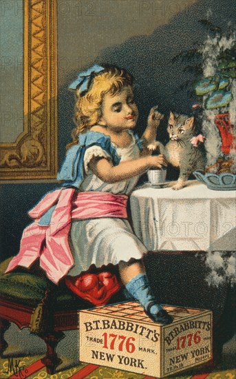 Young Girl Seated at Table with Kitten, B.T. Babbitt's Best Soap, Trade Card, circa 1885