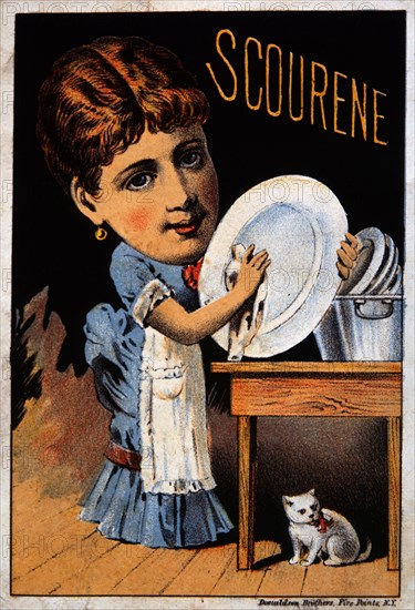 Woman Washing Dishes, Scourene, The Simonds Soap Co., Trade Card, circa 1880