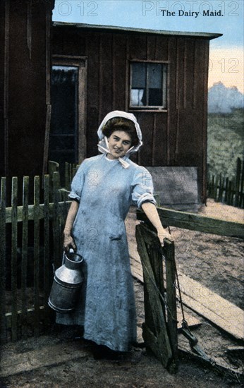 Farm Woman with a Milk Can, Hand-Colored Photograph, circa 1913