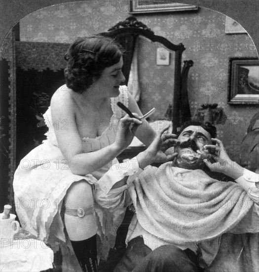 New Woman Barber, Single Image of Stereo Card, circa 1900