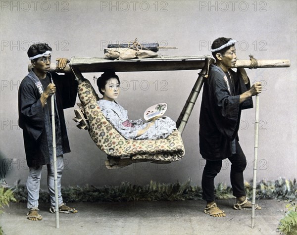 Japanese Woman Traveling in Kago or Chair, Hand Colored Albumen Photograph, circa 1880