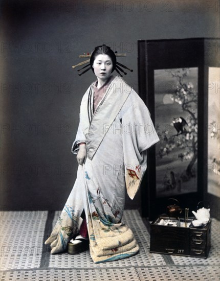 Japanese Woman Portrait, Hand Colored Albumen Photograph, circa 1870