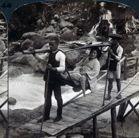 Japanese Woman Traveling in Mountain Chair (Yama-Kago) Over Daiya River, Nikko, Japan, Single Image of Stereo Card, circa 1904