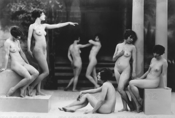 Seven Nude Women Standing in Classical Poses, circa 1925