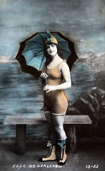 Woman Wearing Bathing Suit and Holding Parasol, Hand Colored Photograph, circa 1900