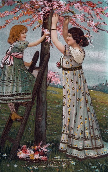 Young Woman and Child Cutting Flowers from Tree, Birthday Greeting Card, circa 1910