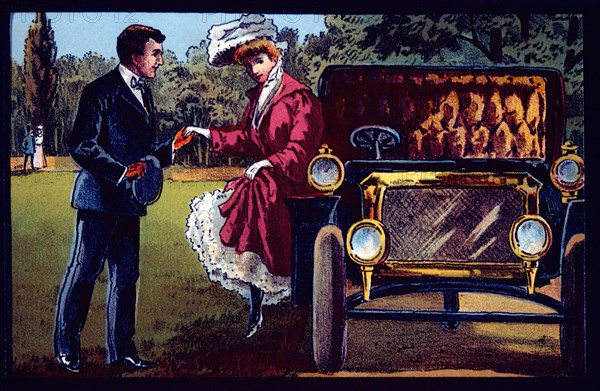 Man Assisting Woman to Dismount From Automobile, Lithograph, circa 1909