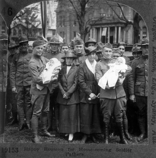 Homecoming Reunion for Soldier Fathers and Their Babies, War World I, Single Image of Stereo Card, circa 1917