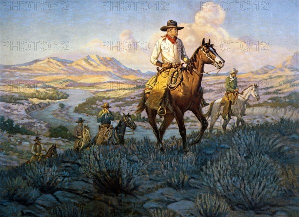 Cowboys on the Trail, Lithograph From Painting by R. Farrington Elwell (1874-1962)