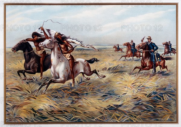 U.S. Cavalry Pursuing Native Americans, Lithograph, circa 1899