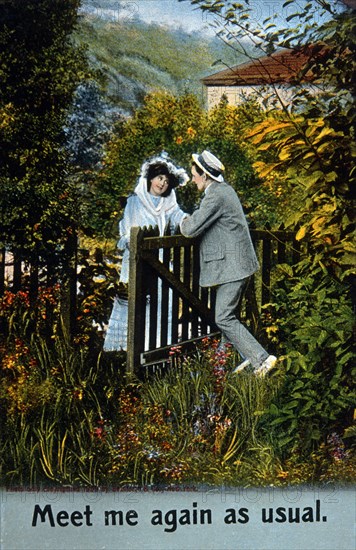 Couple in Garden, Meet Me Again as Usual, Post Card, circa 1909