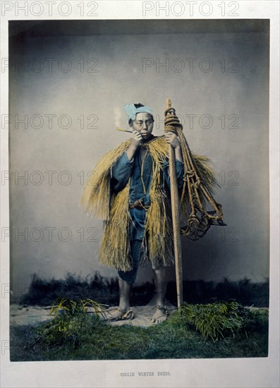 Japanese Coolie in Winter Dress, Hand-Colored Albumen Photograph, circa 1870