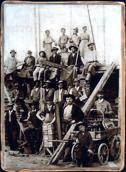 Group of Carpenters and Wine Seller With Son, circa 1890